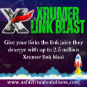 Promotional graphic for XRUMER link blast service, offering up to 2.5 million XRUMER link blasts, featuring a stylized 'x' logo, rocket imagery, and a space