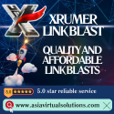 Advertisement for xrumer link blast offering quality and affordable 125x125 link building services with a 5.0-star reliability rating.