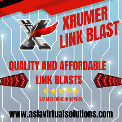 Promotional 250x250 graphic for XRUMER link blast service, emphasizing quality and affordability with a five-star rating claim.