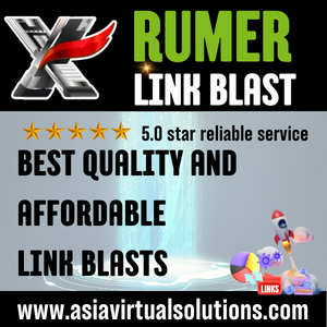 Advertisement for XRUMER link blast featuring a 5.0-star rating for reliable service, emphasizing best quality and affordability, along with a rocket and link chain graphics, for asiavirtualsolutions.com