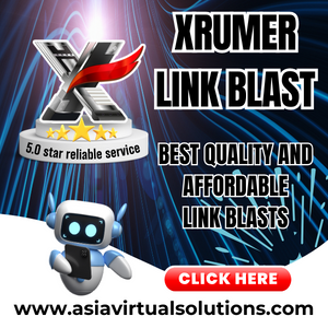 Advertisement for XRUMER link blast service featuring a trophy and a cartoon robot, promoting SEO services in a 300x300 format.