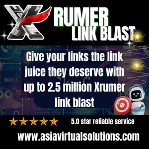 Advertisement for XRUMER link blast SEO service offering 2.5 million link blasts, promoted by asiavirtualsolutions.com with a 5-star reliability rating.
