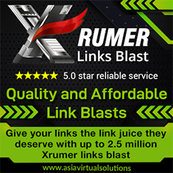 A black and green rectangle with white and black text. Xrumer Link blast banner -250x250