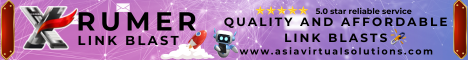 A colorful banner advertisement for 'Xrumer link blast' promoting 'quality and affordable' SEO services with the website 'www.asiavirtualsolutions.com'.
